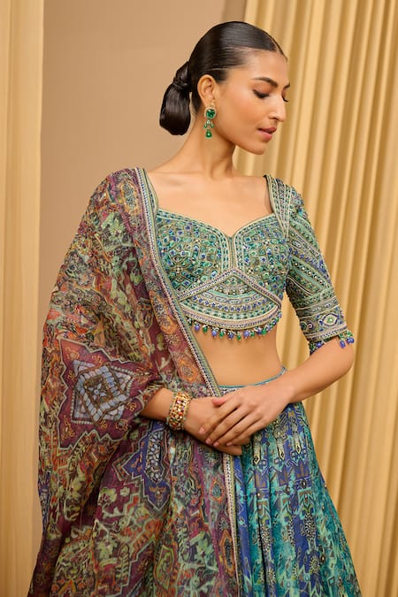 Shop Tarun Tahiliani Blue Silk, Kota Doria Crystals Sweetheart Printed Lehenga Embellished Blouse Set Online at Aza Fashions Shop_Tarun Tahiliani_Blue Silk, Kota Doria Crystals Sweetheart Printed Lehenga Embellished Blouse Set _Online_at_Aza_Fashions