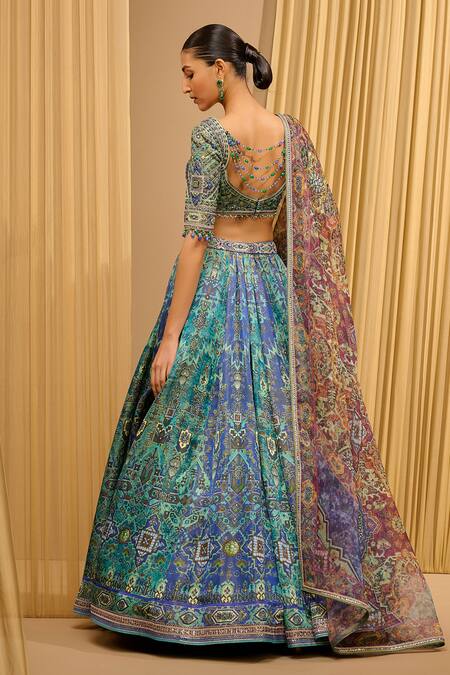 Tarun Tahiliani_Blue Silk, Kota Doria Crystals Sweetheart Printed Lehenga Embellished Blouse Set _at_Aza_Fashions