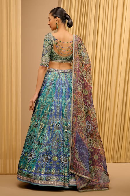 Shop Tarun Tahiliani Blue Silk, Kota Doria Crystals Sweetheart Printed Lehenga Embellished Blouse Set at Aza Fashions Shop_Tarun Tahiliani_Blue Silk, Kota Doria Crystals Sweetheart Printed Lehenga Embellished Blouse Set _at_Aza_Fashions