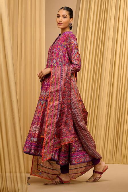 Tarun Tahiliani_Fuchsia Chanderi, Satin, Organza Crystals Bandeau Neck Printed Kalidar Kurta Set _Online_at_Aza_Fashions