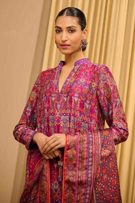 Buy_Tarun Tahiliani_Fuchsia Chanderi, Satin, Organza Crystals Bandeau Neck Printed Kalidar Kurta Set _Online_at_Aza_Fashions