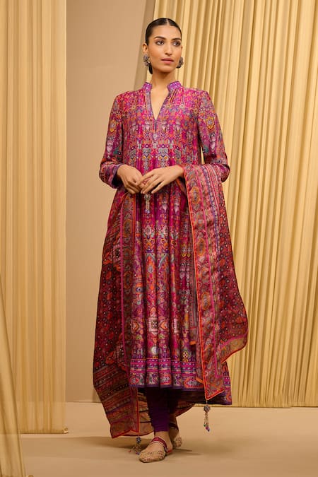 Shop_Tarun Tahiliani_Fuchsia Chanderi, Satin, Organza Crystals Bandeau Neck Printed Kalidar Kurta Set _Online_at_Aza_Fashions