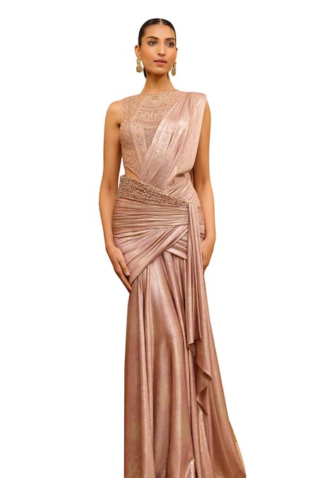 Tarun Tahiliani_Pink Silk, Tulle Embroidery Signature Concept Saree With Bodysuit _Online_at_Aza_Fashions