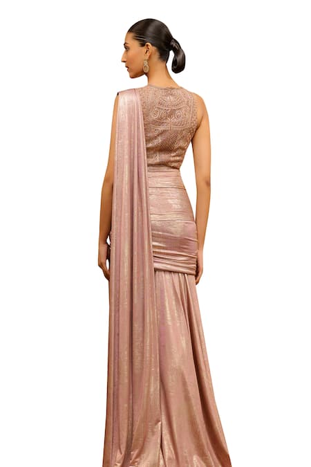 Tarun Tahiliani_Pink Silk, Tulle Embroidery Signature Concept Saree With Bodysuit _at_Aza_Fashions