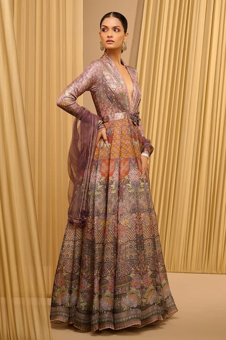 Tarun Tahiliani_Grey Satin, Organza, Net, Chanderi, Tulle Foil Jersey Printed Anarkali Set _Online_at_Aza_Fashions