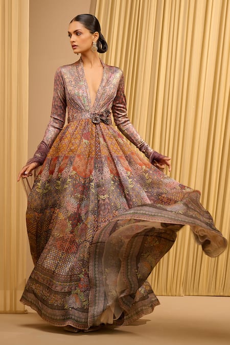 Shop_Tarun Tahiliani_Grey Satin, Organza, Net, Chanderi, Tulle Foil Jersey Printed Anarkali Set _Online_at_Aza_Fashions