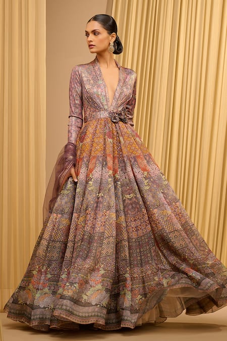 Tarun Tahiliani_Grey Satin, Organza, Net, Chanderi, Tulle Foil Jersey Printed Anarkali Set _at_Aza_Fashions