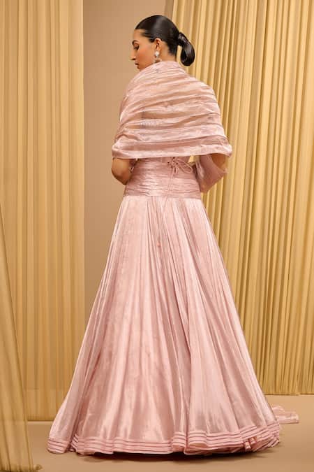 Shop_Tarun Tahiliani_Pink Silk, Tissue Embroidery Sweetheart Neck Draped Lehenga And Bustier Set_at_Aza_Fashions