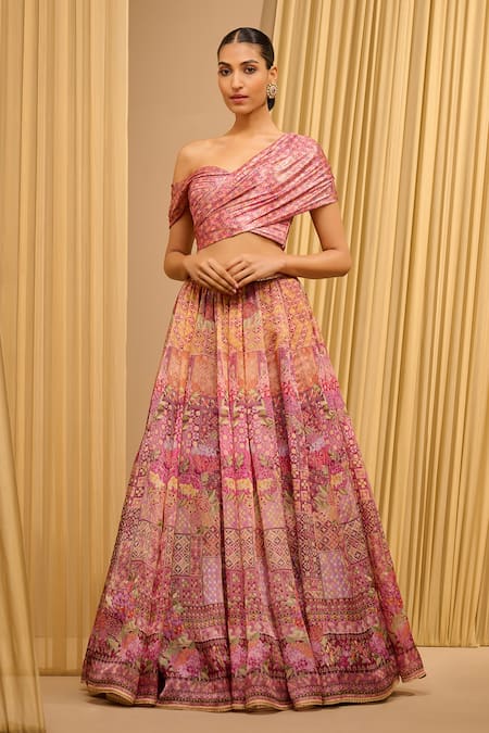 Tarun Tahiliani Pink Lehenga Satin Organza Printed Floral One Foil Jersey With Draped Blouse 