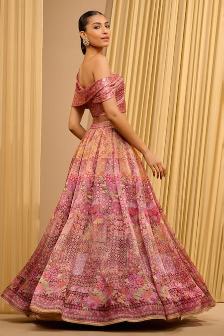 Tarun Tahiliani_Pink Faux Leather, Satin, Organza Foil Jersey Printed Lehenga With Draped Blouse _Online_at_Aza_Fashions