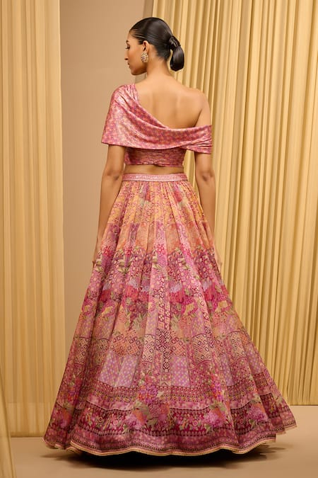 Shop_Tarun Tahiliani_Pink Faux Leather, Satin, Organza Foil Jersey Printed Lehenga With Draped Blouse _at_Aza_Fashions
