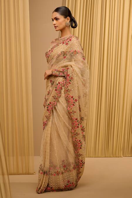 Tarun Tahiliani_Gold Tulle Beads, Embroidery Round Neck Floral Saree With Blouse _Online_at_Aza_Fashions