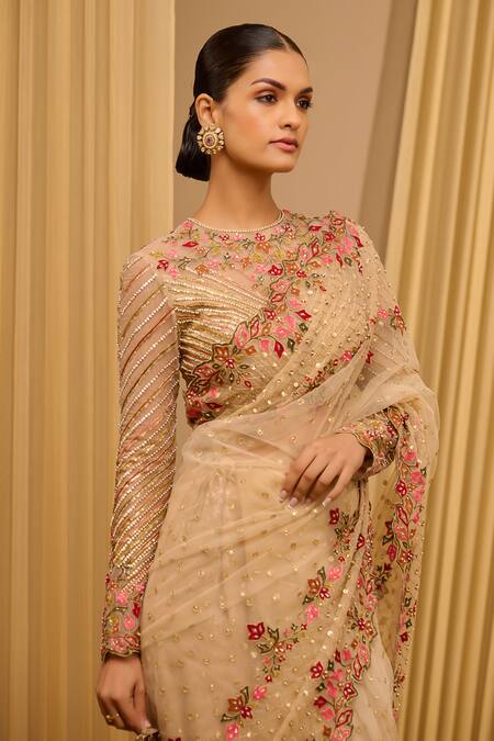Buy_Tarun Tahiliani_Gold Tulle Beads, Embroidery Round Neck Floral Saree With Blouse _Online_at_Aza_Fashions