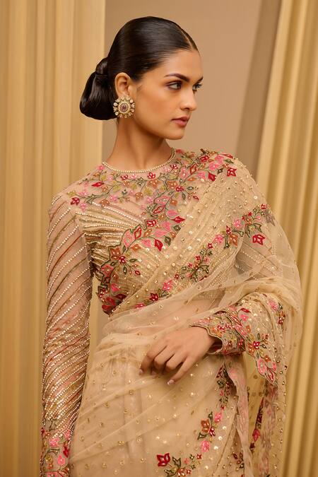 Shop_Tarun Tahiliani_Gold Tulle Beads, Embroidery Round Neck Floral Saree With Blouse _Online_at_Aza_Fashions
