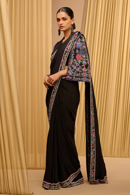 Tarun Tahiliani_Black Silk, Georgette Beads, Embroidery V-neck Saree With Cape Blouse _Online_at_Aza_Fashions