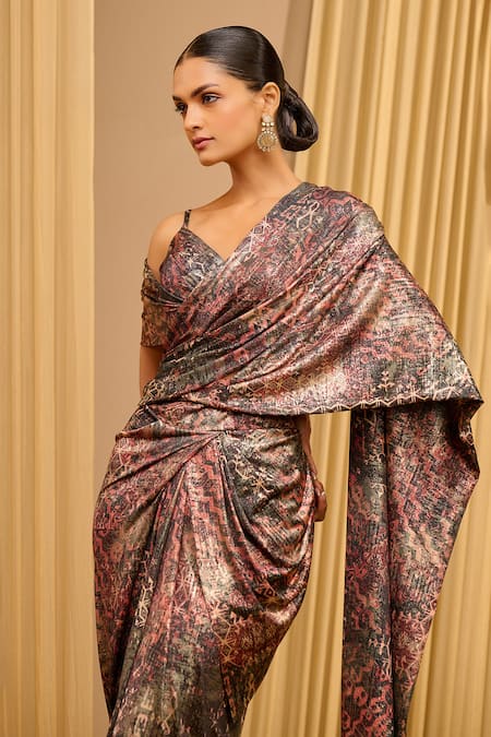 Buy_Tarun Tahiliani_Wine Jersey Plunge Neck Printed Concept Draped Saree With Blouse _Online_at_Aza_Fashions