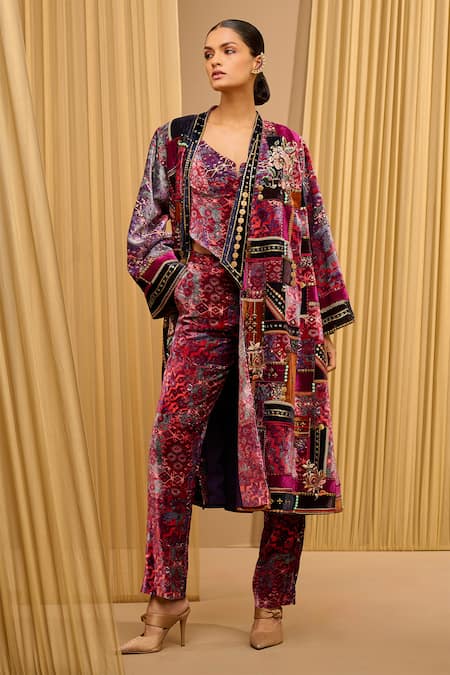 Tarun Tahiliani Velvet Printed Long Jacket & Trouser Co-ord Set 