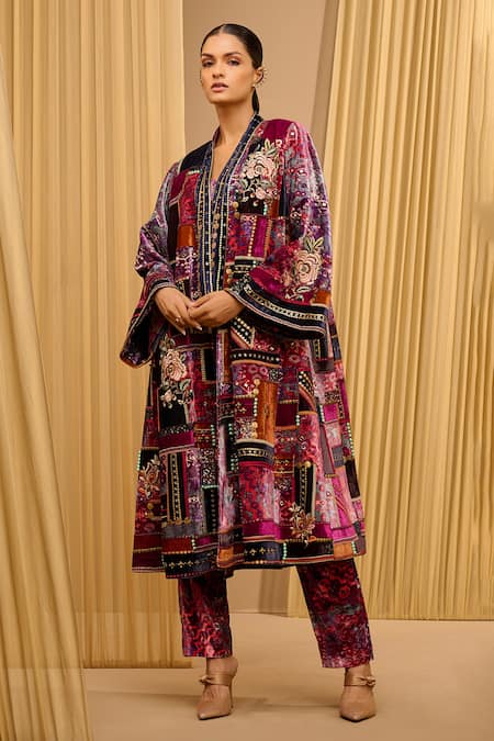 Tarun Tahiliani_Blue Silk-velvet Printed Floral Corset Plunged Long Jacket And Trouser Co-ord Set _Online_at_Aza_Fashions