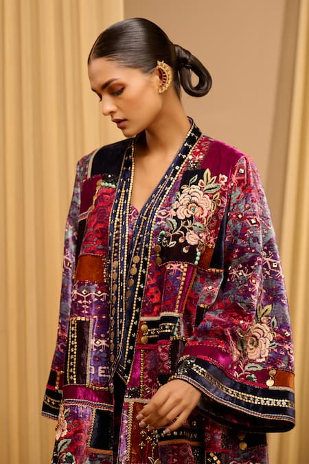 Buy_Tarun Tahiliani_Blue Silk-velvet Printed Floral Corset Plunged Long Jacket And Trouser Co-ord Set _Online_at_Aza_Fashions