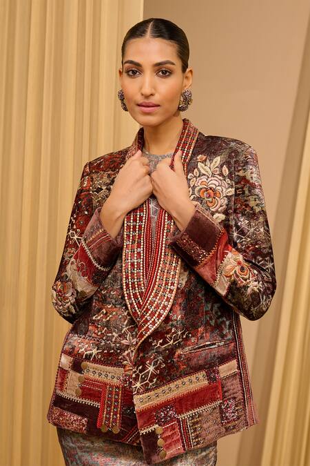 Shop_Tarun Tahiliani_Brown Jacket Silk-velvet Printed Dress Round And Embroidered Set 