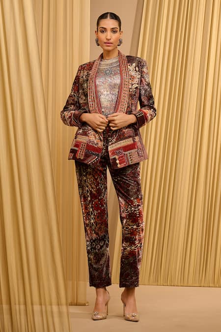 Tarun Tahiliani Brown Jacket And Trouser Silk-velvet Printed T-shirt Round & Co-ord Set 