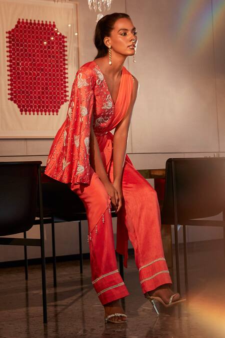 Babita Malkani_Coral Silk, Tulle, Crepe Embroidery, Crystals, Embellished Draped Jacket Set _Online_at_Aza_Fashions