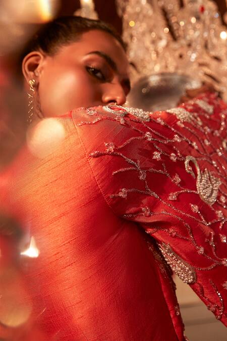 Buy_Babita Malkani_Coral Silk, Tulle, Crepe Embroidery, Crystals, Embellished Draped Jacket Set _Online_at_Aza_Fashions