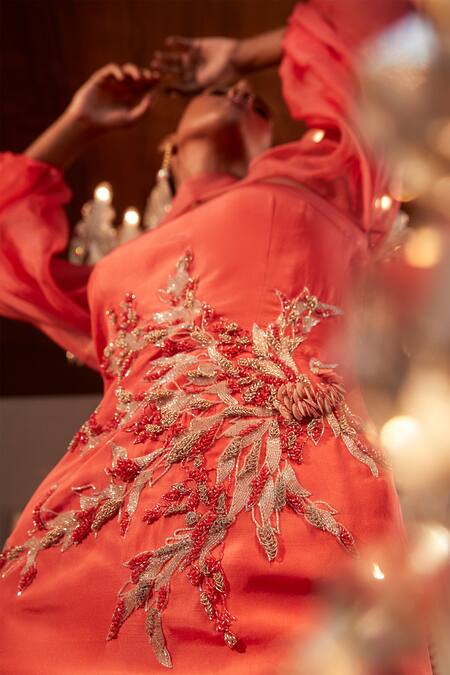 Babita Malkani_Coral Organza, Silk Cut Work Placement Embroidered Top And Flared Pant Set _Online_at_Aza_Fashions