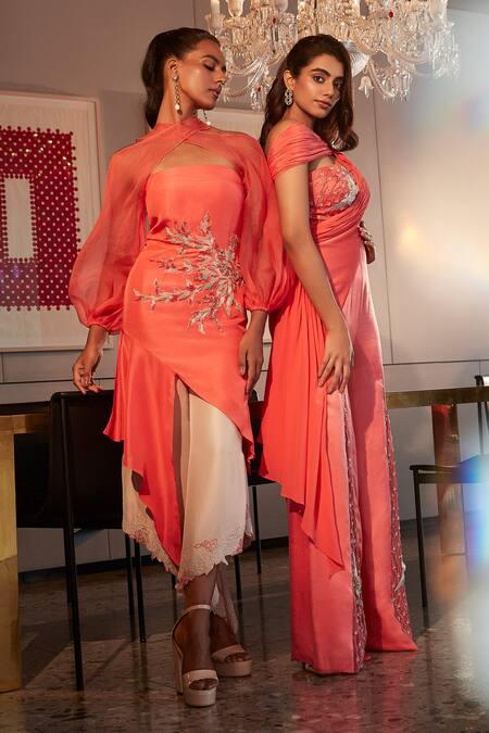 Buy_Babita Malkani_Coral Organza, Silk Cut Work Placement Embroidered Top And Flared Pant Set _Online_at_Aza_Fashions