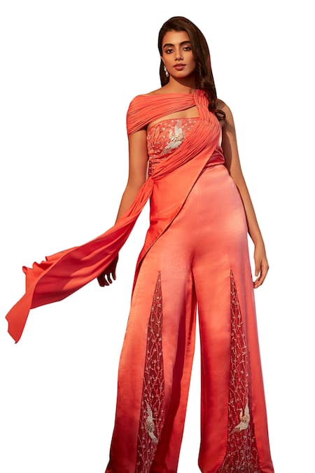 Buy Babita Malkani Coral Silk, Tulle, Crepe Beads, Crystals Asymmetric Bodice Embroidered Jumpsuit Online at Aza Fashions Buy_Babita Malkani_Coral Silk, Tulle, Crepe Beads, Crystals Asymmetric Bodice Embroidered Jumpsuit _Online_at_Aza_Fashions