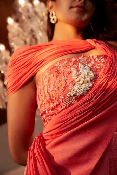 Shop_Babita Malkani_Coral Silk, Tulle, Crepe Beads, Crystals Asymmetric Bodice Embroidered Jumpsuit _Online_at_Aza_Fashions