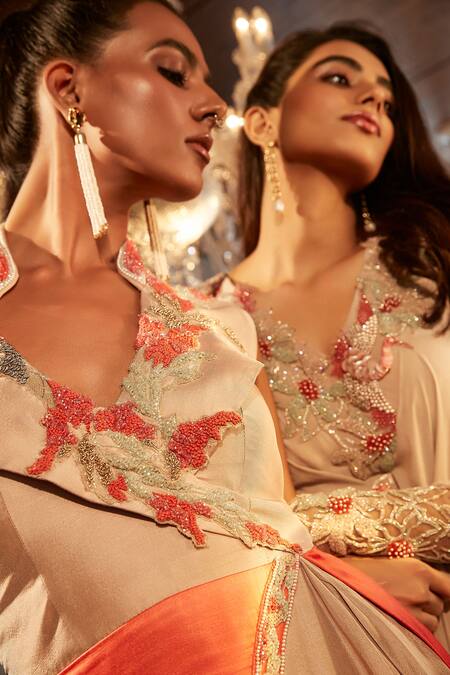 Babita Malkani_Beige Silk Cut Work, Beads Cowl Neck Swan Neckline Embroidered Dress _Online_at_Aza_Fashions