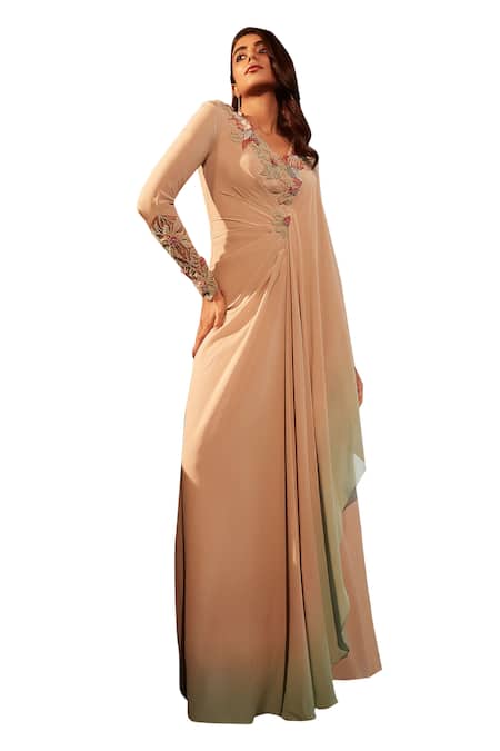 Buy Babita Malkani Beige Tulle, Crepe Embroidery V-neck Neckline Ombre Draped Dress Online at Aza Fashions Buy_Babita Malkani_Beige Tulle, Crepe Embroidery V-neck Neckline Ombre Draped Dress _Online_at_Aza_Fashions