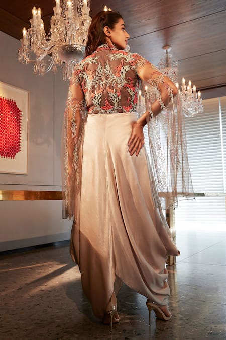 Shop_Babita Malkani_Beige Silk, Tulle Embroidery, Cut Work Collared Cowl Dress With Swan Jacket _at_Aza_Fashions