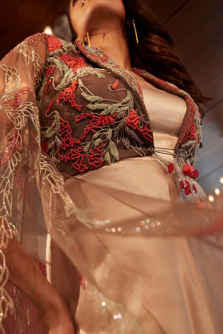 Buy_Babita Malkani_Beige Silk, Tulle Embroidery, Cut Work Collared Cowl Dress With Swan Jacket _Online_at_Aza_Fashions
