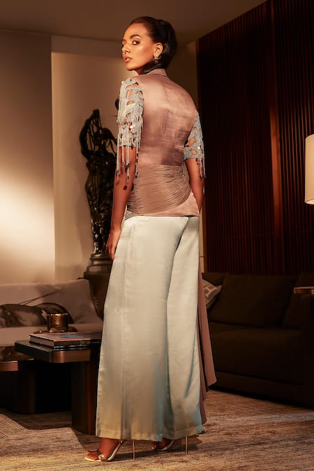 Shop_Babita Malkani_Brown Silk, Crepe Cut Work Collared Swan Embroidered Top And Pant Set _at_Aza_Fashions