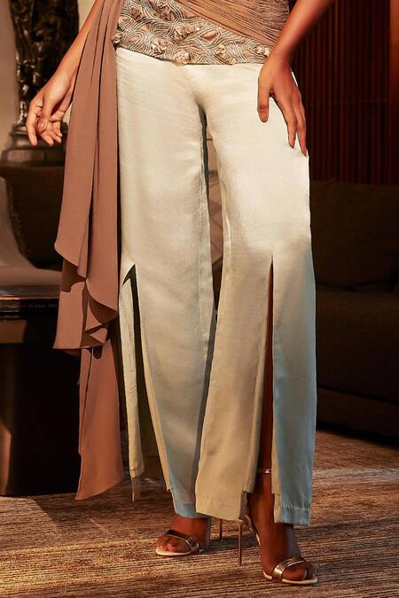 Babita Malkani Brown Silk, Crepe Cut Work Collared Swan Embroidered Top And Pant Set Online at Aza Fashions Babita Malkani_Brown Silk, Crepe Cut Work Collared Swan Embroidered Top And Pant Set _Online_at_Aza_Fashions