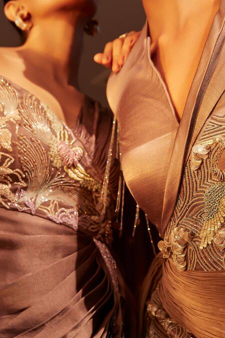 Shop_Babita Malkani_Brown Silk, Crepe Cut Work Collared Swan Embroidered Top And Pant Set _Online_at_Aza_Fashions