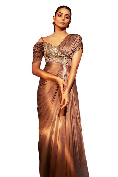 Babita Malkani Brown Satin Sequins, Embroidery Asymmetric Swan Bodice Draped Dress Online at Aza Fashions Babita Malkani_Brown Satin Sequins, Embroidery Asymmetric Swan Bodice Draped Dress _Online_at_Aza_Fashions