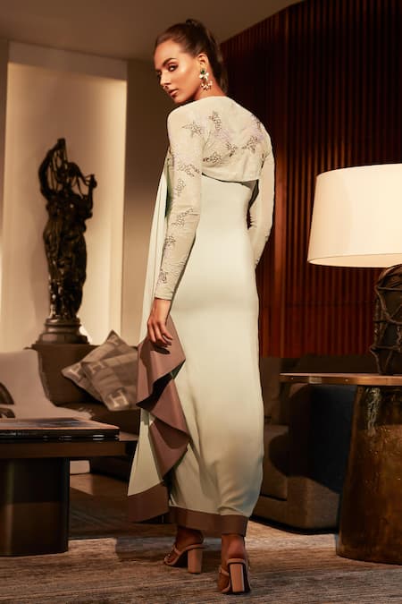 Shop_Babita Malkani_Green Silk, Crepe Embroidery Halter Neck, Embellished Draped Dress With Jacket _at_Aza_Fashions