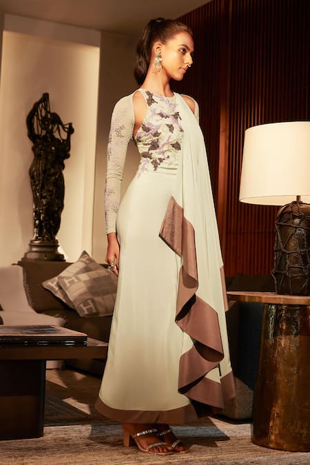 Babita Malkani_Green Silk, Crepe Embroidery Halter Neck, Embellished Draped Dress With Jacket _Online_at_Aza_Fashions