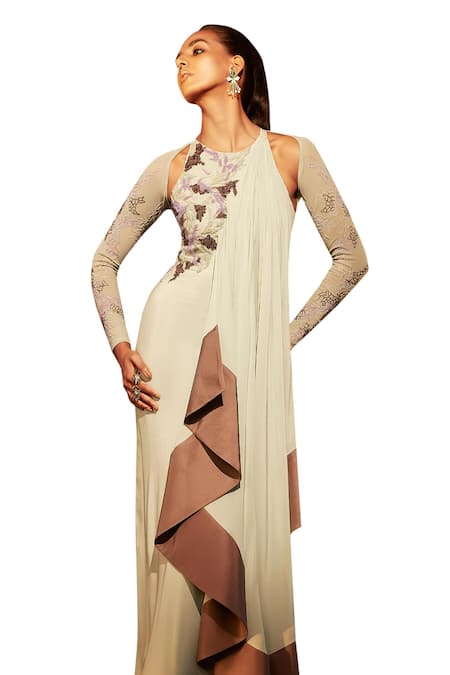 Buy_Babita Malkani_Green Silk, Crepe Embroidery Halter Neck, Embellished Draped Dress With Jacket _Online_at_Aza_Fashions