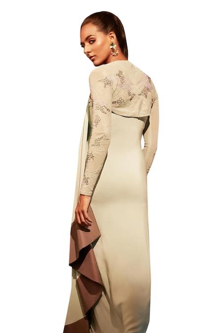 Shop_Babita Malkani_Green Silk, Crepe Embroidery Halter Neck, Embellished Draped Dress With Jacket _Online_at_Aza_Fashions