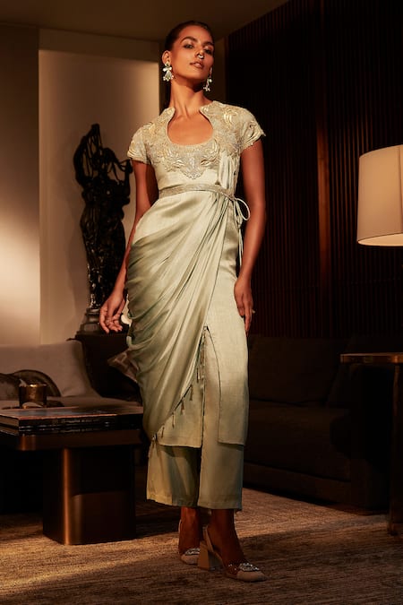 Babita Malkani Green Satin Embroidery Sequin Scoop Neck Swan Draped Kurta And Pant Set 