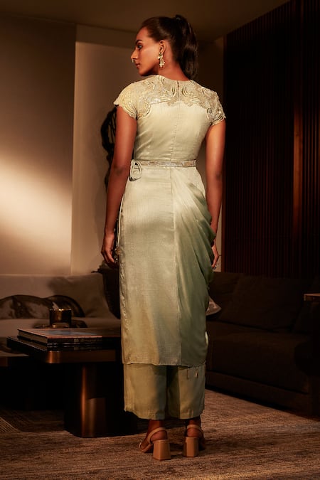 Shop_Babita Malkani_Green Silk, Satin Sequins, Zari, Embroidery Scoop Swan Draped Kurta And Pant Set _at_Aza_Fashions