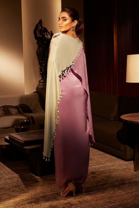 Shop_Babita Malkani_Purple Silk Beads, Sequins Boat Colorblock Embroidered Draped Dress With Cape _at_Aza_Fashions
