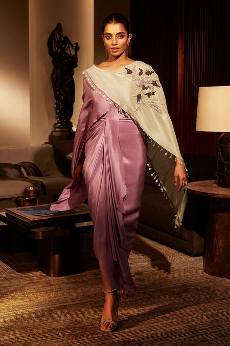 Buy_Babita Malkani_Purple Silk Beads, Sequins Boat Colorblock Embroidered Draped Dress With Cape _Online_at_Aza_Fashions