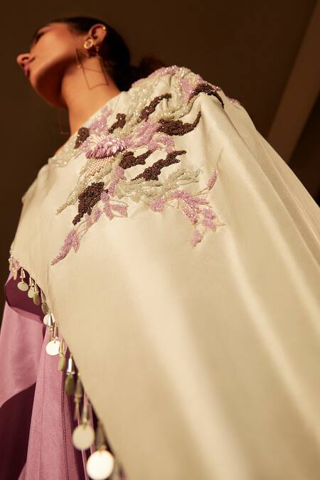 Shop_Babita Malkani_Purple Silk Beads, Sequins Boat Colorblock Embroidered Draped Dress With Cape _Online_at_Aza_Fashions