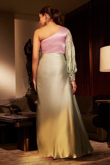 Babita Malkani One Shoulder Neckline Embroidered Draped Jumpsuit 