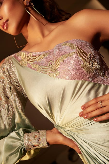 Buy_Babita Malkani_Purple Silk, Organza, Satin Zari, One Shoulder Neckline Draped Jumpsuit _Online_at_Aza_Fashions